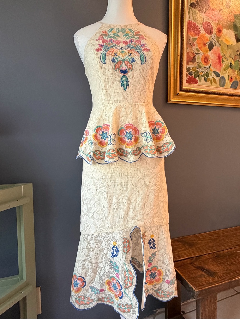 Embroidered Ivory Lace Peplum Midi Dress